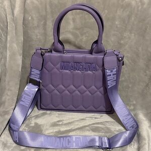 Purple Quilted Satchel with Branded Strap